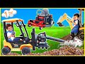 Landscaping compilation with kids ride on tractor, lawn mower, forklift, excavator, and tow truck