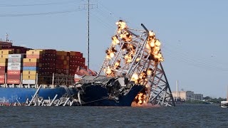 Controlled demolition used to clear large span of Key Bridge collapse from the Dali