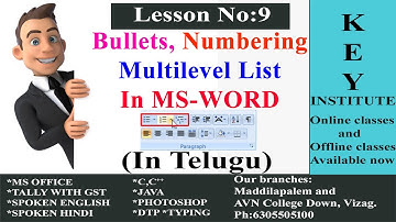 How To Use Bullets Numbering & Multilevel List In MS-Word In Telugu || Key Institute Vizag ||