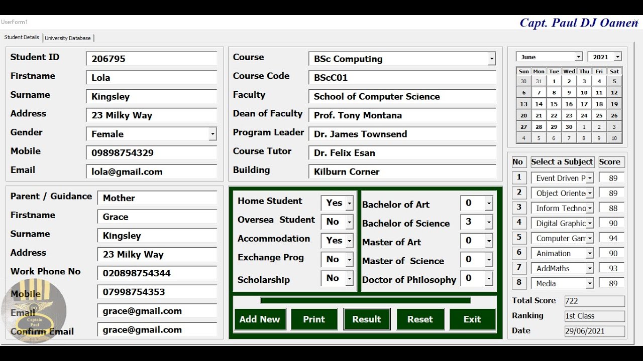 excel student record