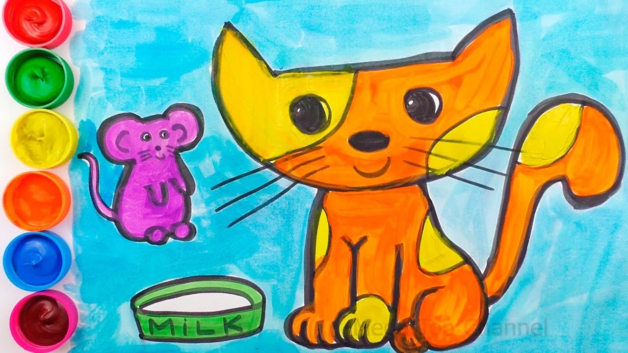 How To Draw A Cat And Mouse Watercolour Paints Learning Colors For Kids Drawing And Coloring Youtube