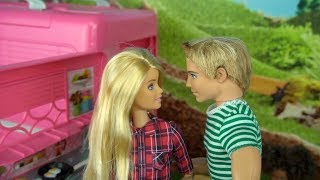 Barbie \& Ken Camping Routine  - Pink Doll Camper With Bathroom, Kitchen and Bedroom