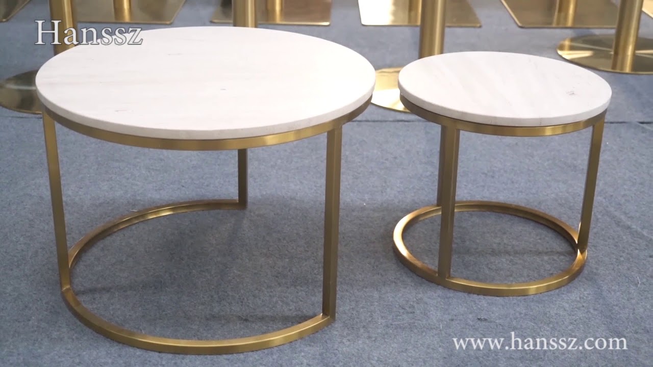 CT001-B Joveco Round Limestone Coffee Table With Stainless Steel Base - Hanssz