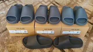 YEEZY SLIDE GRANITE NEXT TO SLATE MARINE SLATE GRAY & ONYX IN HAND AND CLOSE UP COLOR COMMPERSION