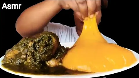 Nigeria food ASMR/ black soup and Starch fufu mukbang African food eating Sound 😋