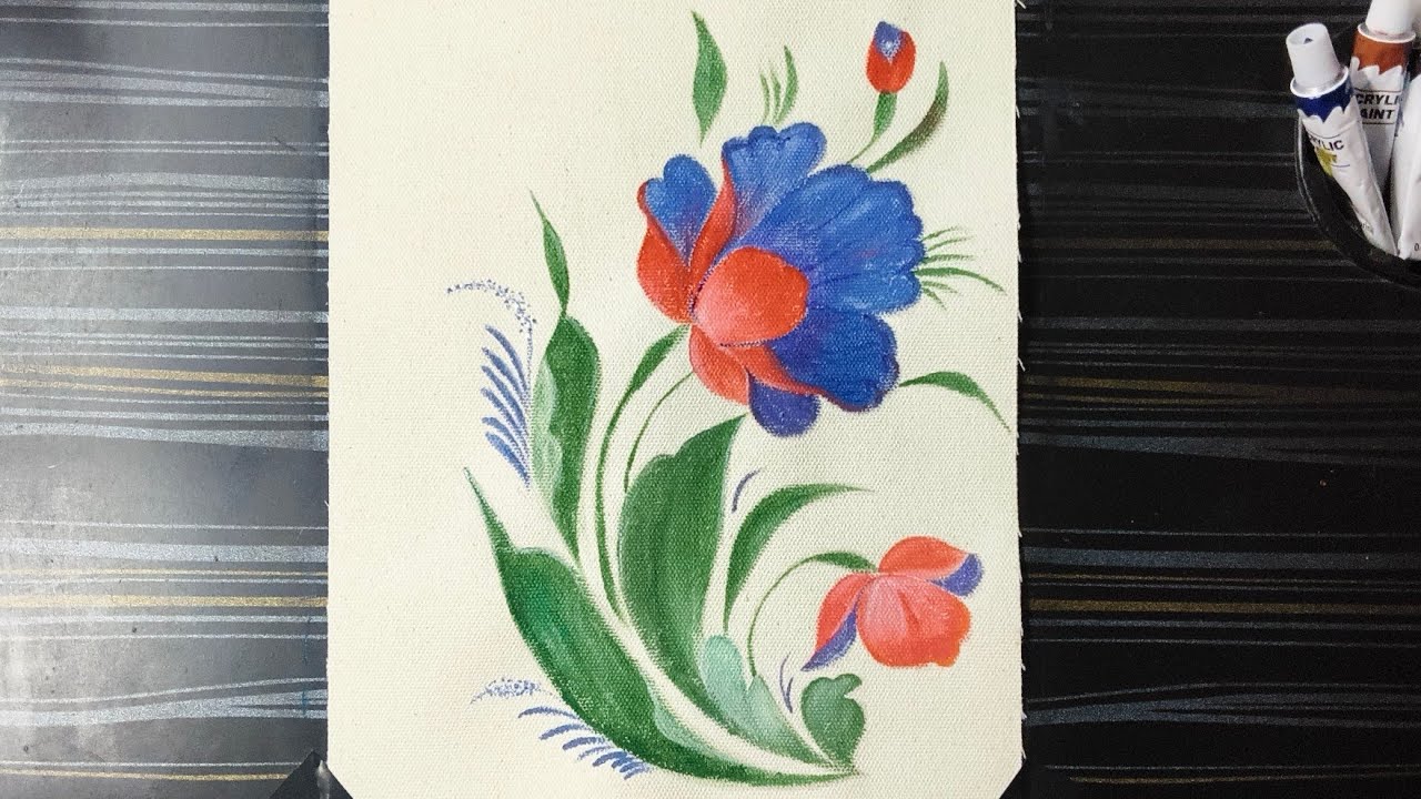 Red And  Blue Sed  flowers Colour Painting And Green Leaves 