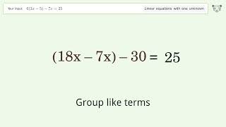 Linear equation with one unknown: Solve 6(3x-5)-7x=25 step-by-step solution