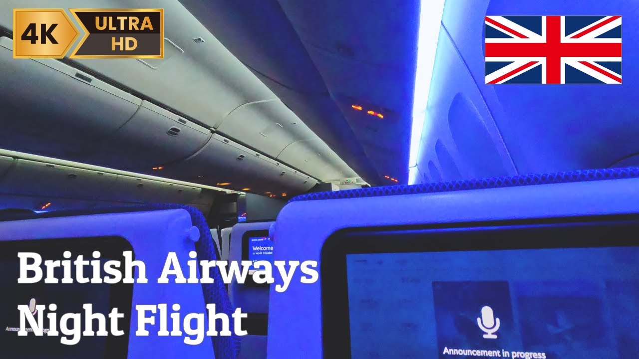 [4K] British Airways Night flight cabin White noise Safety instructions