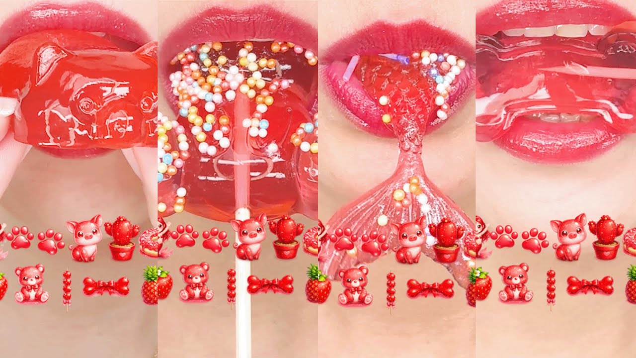 asmr RED Emoji JELLY FOOD ❤️👠🍓🍄💄 모양 젤리 먹방 Eating Sound