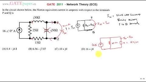 GATE 2011 ECE Find Norton equivalent current across terminals P and Q