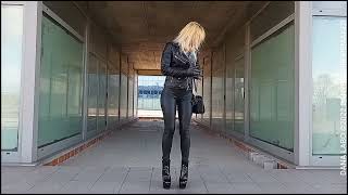 DANA LABO - BLONDE GIRL IN LEATHER DREES, JACKET, GLOVES, LEGGINGS, SHINY BOOTS HIGH HEELS