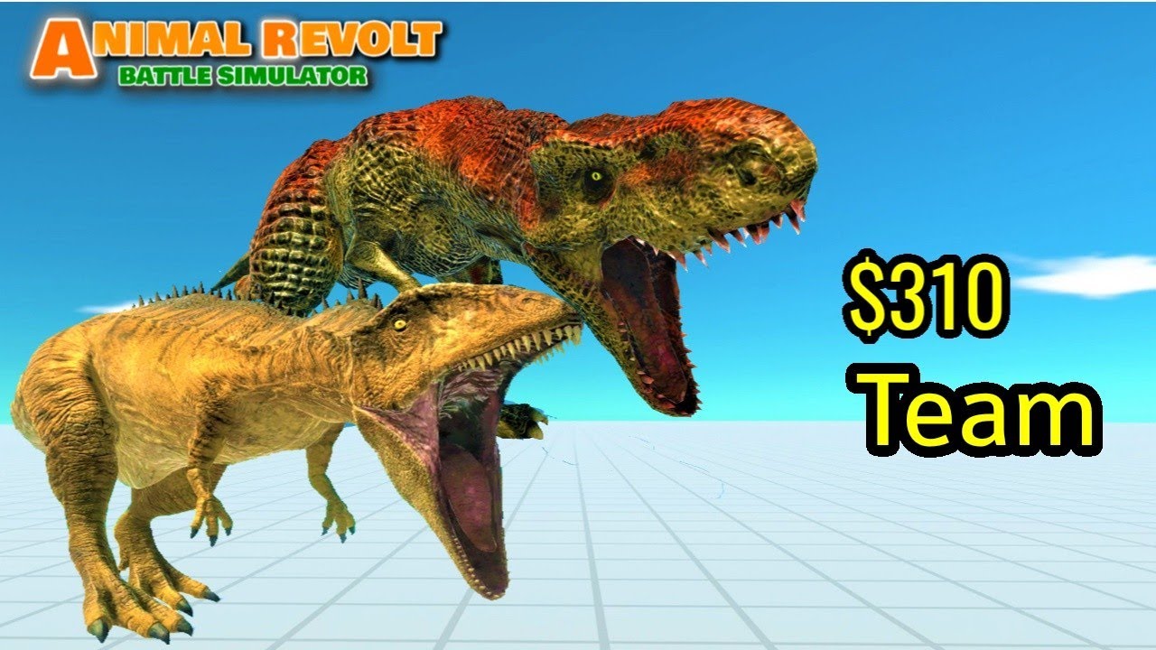T-rex and carcharodontosarus vs random team same price ARBS animal revolt battle simulator