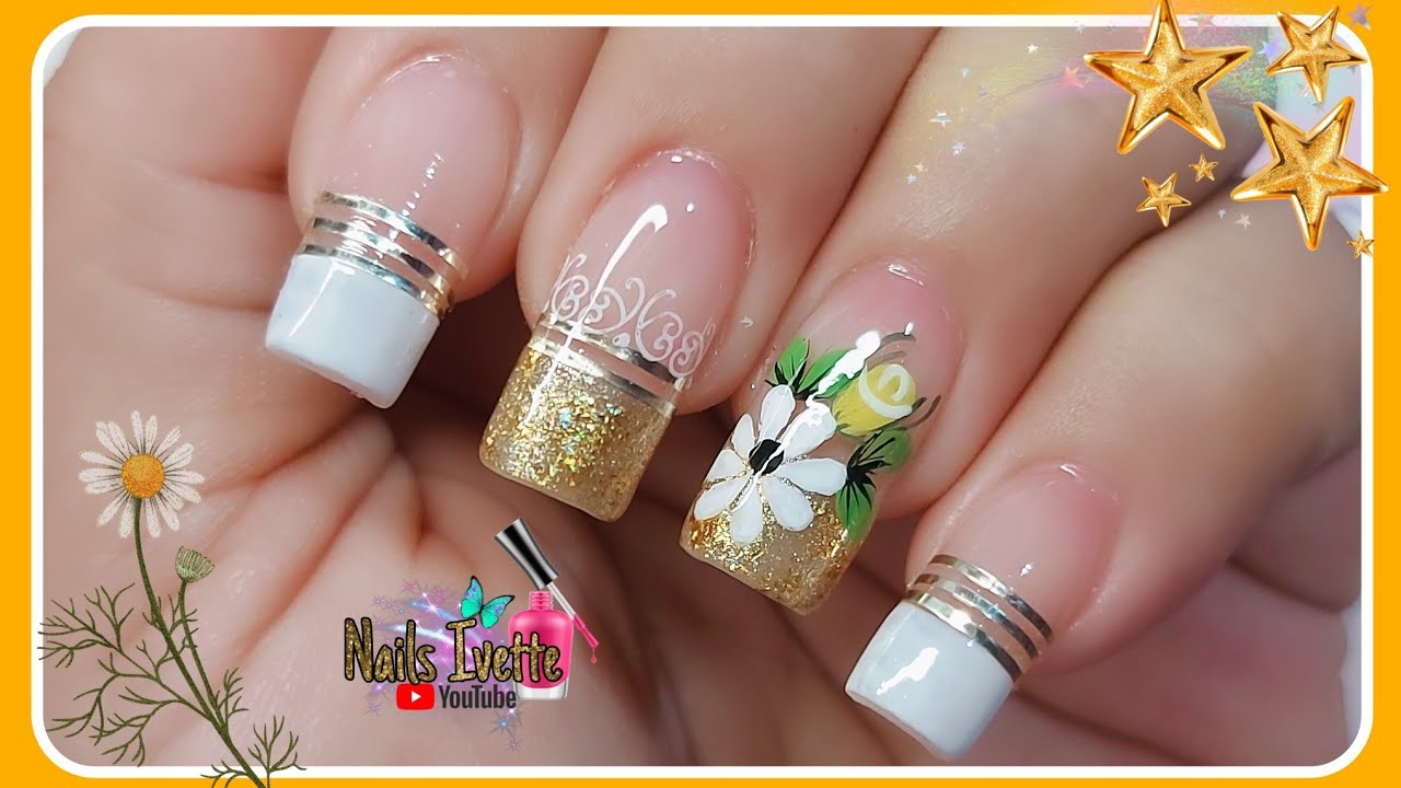 Uñas decoradas en dorado con francés blanco, cintas doradas, estamping y  diseño a mano alzada / Nail - YouTube