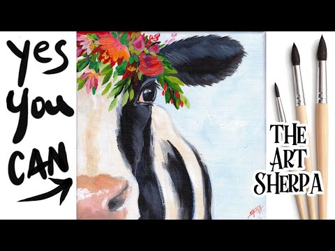 Floral Cow Beginners Learn to paint Acrylic Tutorial Step by Step