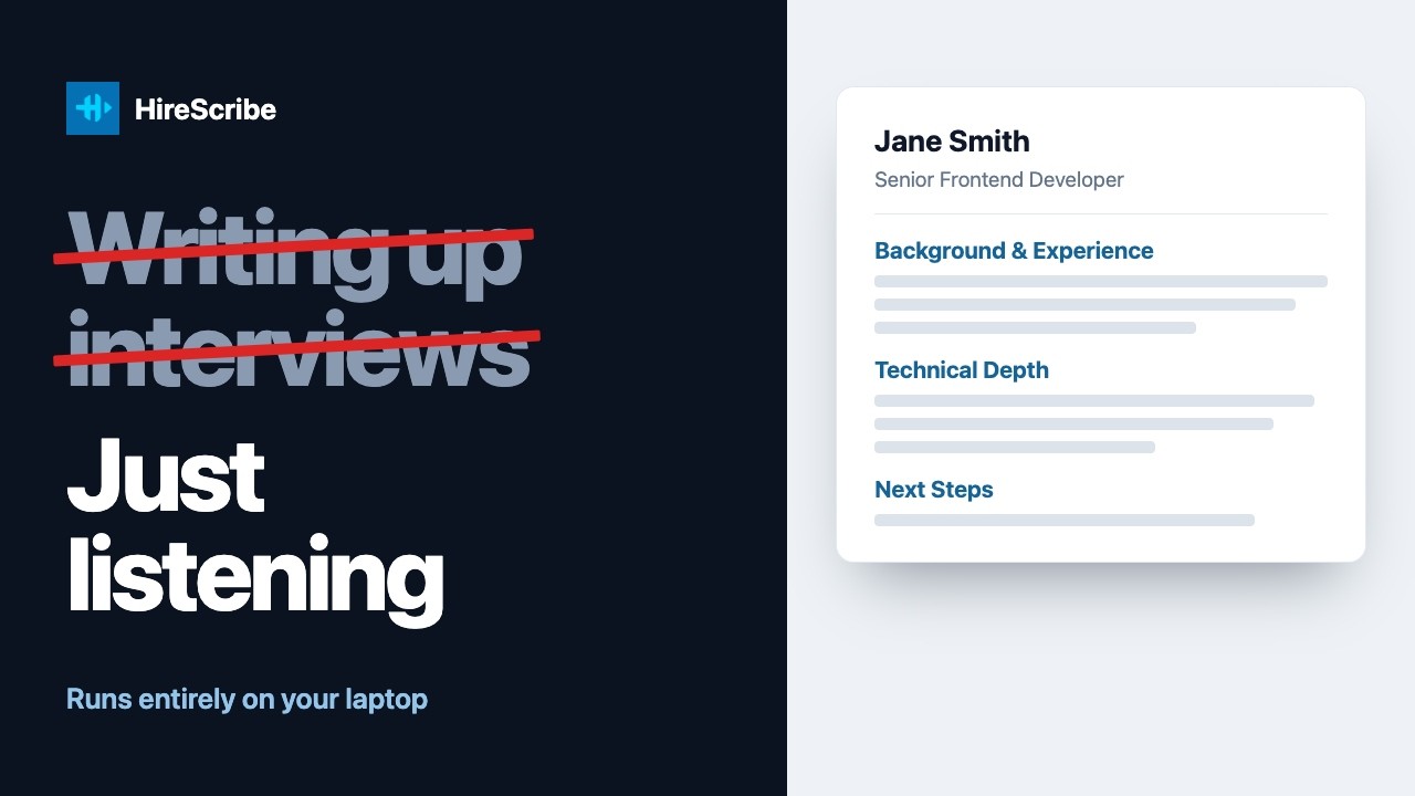 HireScribe: writing up interviews crossed out and replaced with just listening. A sample ATS writeup for Jane Smith, Senior Frontend Developer. Runs entirely on your laptop.