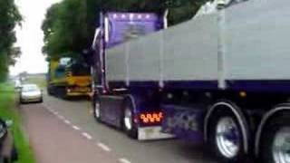 A volvo fh16 610 passing by and overtaking stopped truck, great sound.