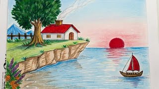 How to Draw Beautiful Sunset Landscape | Easy Nature Drawing with Oil Pastels | Easy tutorials
