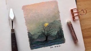 Oil Pastel Painting 油画棒 - Foggy Sunset in Forest