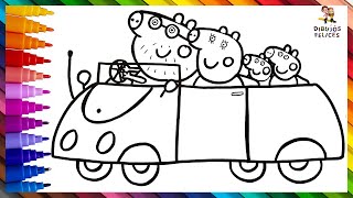 Dibuja y Colorea A Peppa Pig Y Su Familia En Coche  Dibujos Para Niños