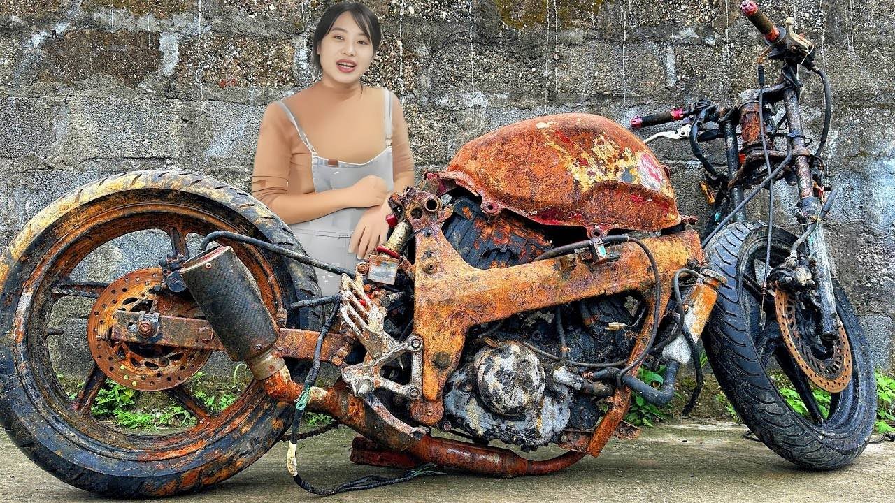 💡天才女孩翻新生锈有青苔的摩托，零件全部拆掉，翻新后动力十足！Genius girl refurbished a rusty and mossy motorcycle  林果儿