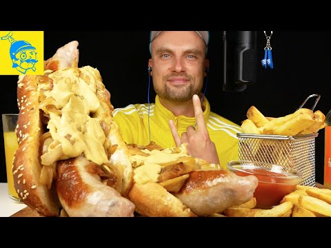 (Mukbang) ASMR eating Hot Dogs German style 💛💙 (English subtitles) - GFASMR