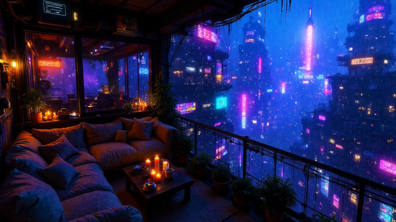 Lofi Ambient – Rainy Cyberpunk Balcony Overlooking Neon City Lights | Relaxing Night Ambience | 4K