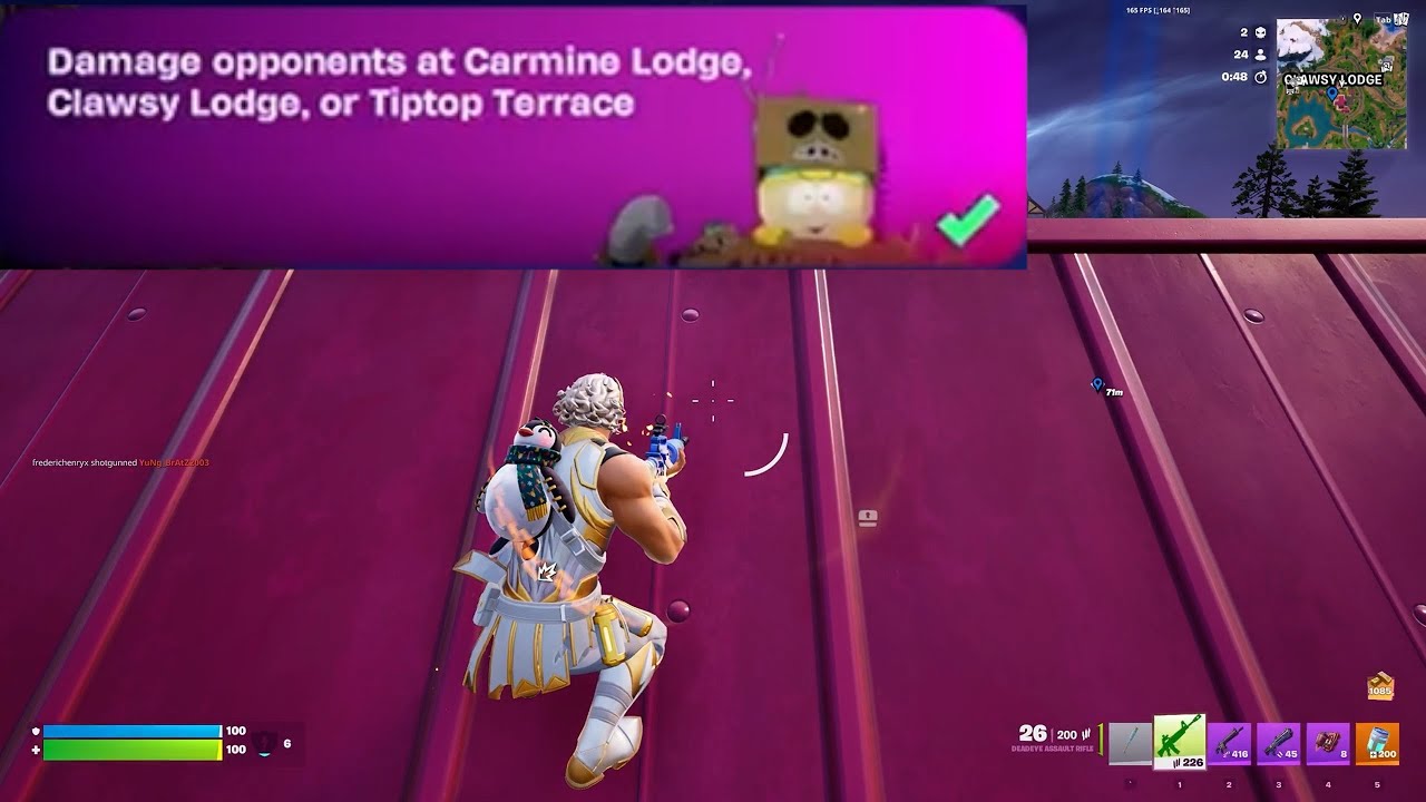 Damage opponents at Carmine Lodge, Clawsy Lodge, or Tiptop Terrace Fortnite