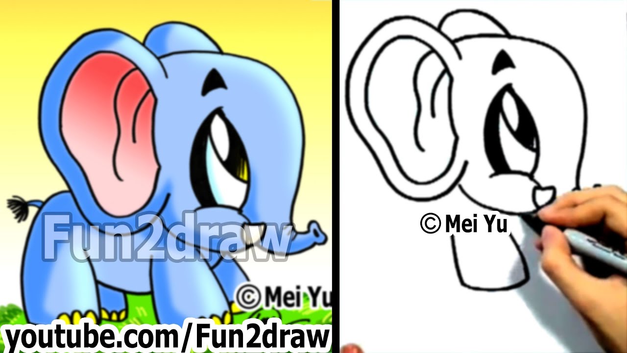 How to Draw a Cartoon Elephant - Cute Art - Easy Drawings - Fun2draw