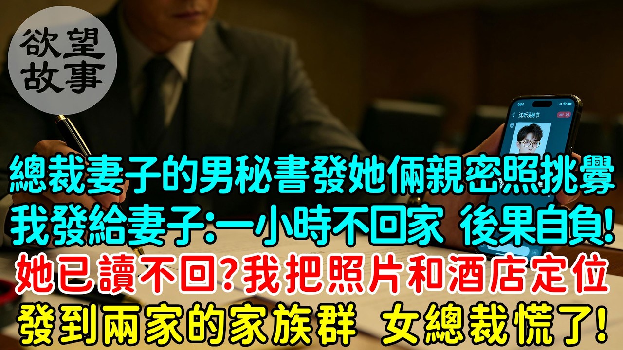 總裁妻子的男秘書發來她倆親密照挑釁我，我立刻發給妻子：一小時不回家，後果自負！她卻已讀不回？我立刻把照片和酒店定位，發到兩家的家族群，女總裁慌了！