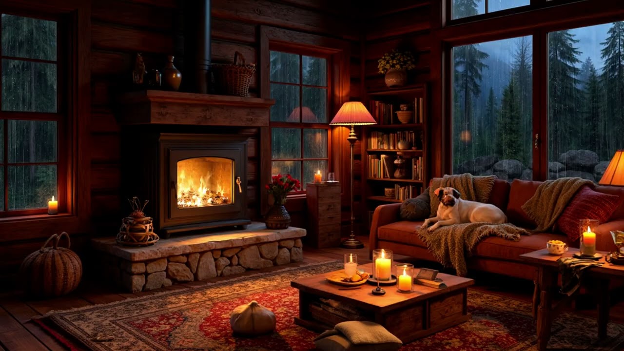 Rainy Night in Cozy Cabin | Fireplace & Window Rain Sounds for Deep Sleep and Relaxation