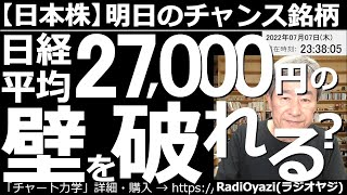 【日本株－明日のチャンス銘柄】日経平均は27,000円の壁を破れるか？　今日の午後から相場がリスクオンとなり、株価が上昇している。日経平均は27,000円付近に上値抵抗ラインが多い。この壁を破れるか？