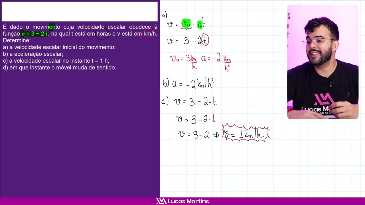 É dado o movimento cuja velocidade escalar obedece à função v = 3 − 2t, na qual t está em horas e v