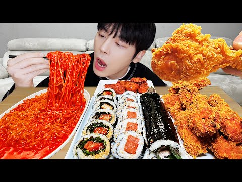 ASMR MUKBANG | 직접 만든 치즈 불닭볶음면 양념치킨 스팸 김밥 먹방 FRIED CHICKEN AND FIRE NOODLES
