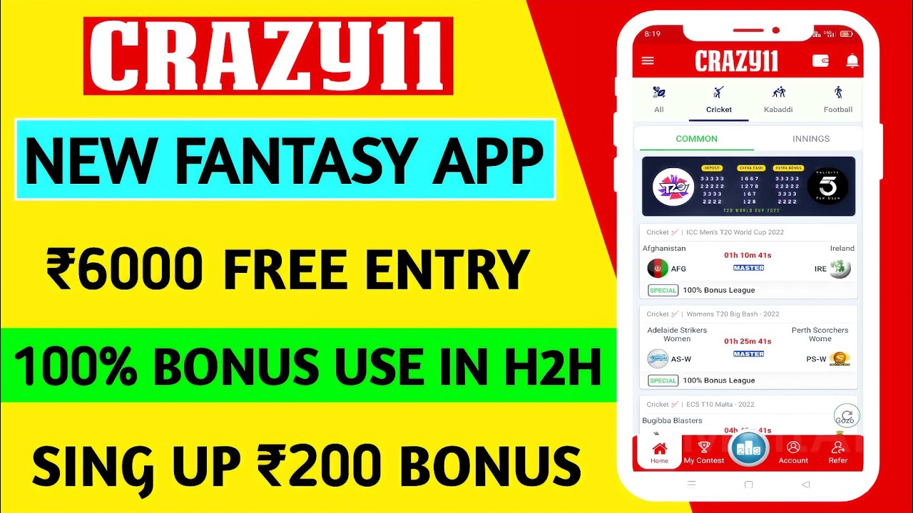Crazy11 Fantasy App 2022  | New Fantasy Cricket App | Free Entry | 100 Bonus Use Fantasy App
