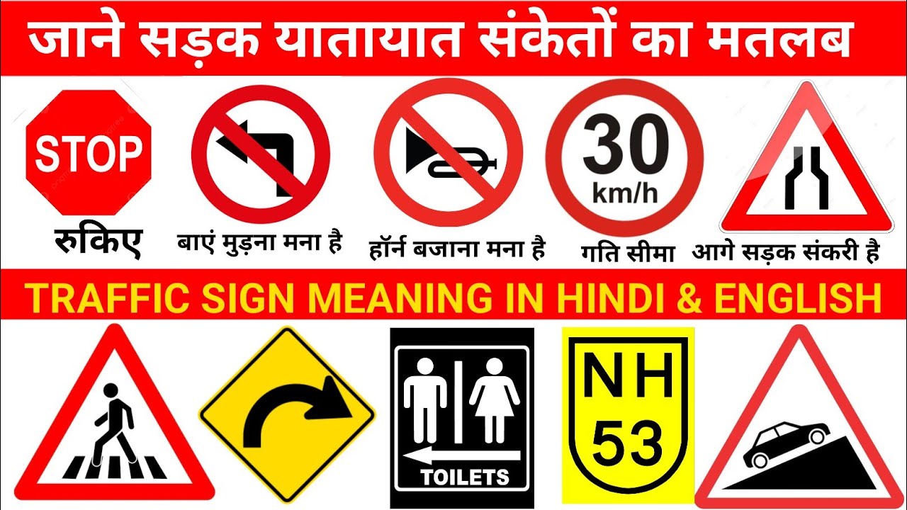 Traffic Signs Meaning in Hindi And English | Road Symbols Vocabulary | सड़क यातायात के संकेत