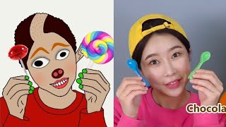 Pororo Black Noodle Spicy Tteokbokki Mukbang DONA , funny drawing meme , cartoon,