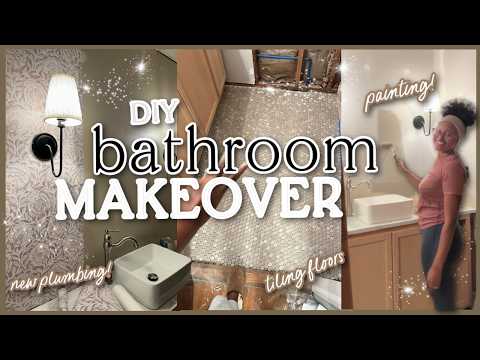 DIY BATHROOM MAKEOVER Update| Tiling Floors, New Plumbing + New Vanity and Wallpaper #FIXERUPPER