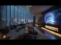 Relaxing Jazz Music ~ Winter City Vibe &amp; Cozy Fireplace | Snowy Night Cityscape
