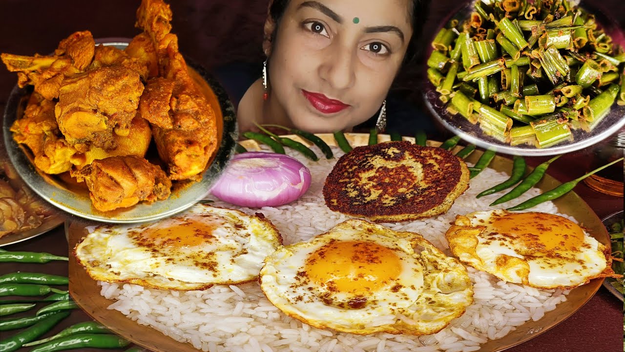 CHICKEN KOSHA, POSTO BORA,EGG POACHED PANTA BHAT WATER RICE EATING INDIAN MUKBANG ASMR #bigbites