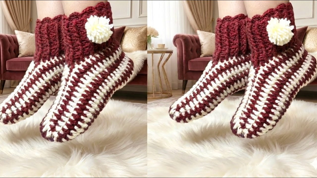 كروشيه هاف بوت (سليبر) بقطعه واحده ولأي مقاس بأسهل طريقه للمبتدئين 👌