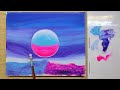 Pink and Blue Moon Painting in Exotic Landscape/ Idea Acrylic Painting on Canvas/ Beginner