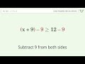 x+9 greater than or equal to 12 - Solve linear inequalities with one unknown