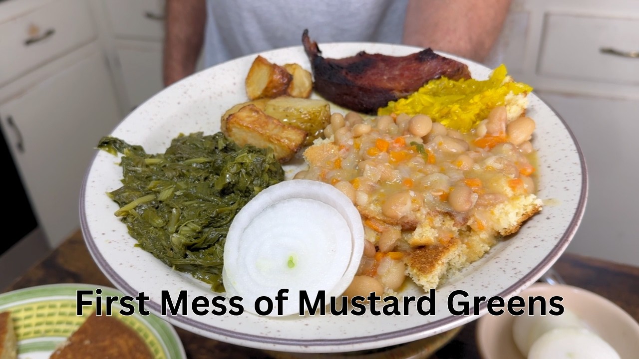 Greens with Ham, Beans, Fried Potatoes, Cornbread, & Vidalia Onions = YUM!