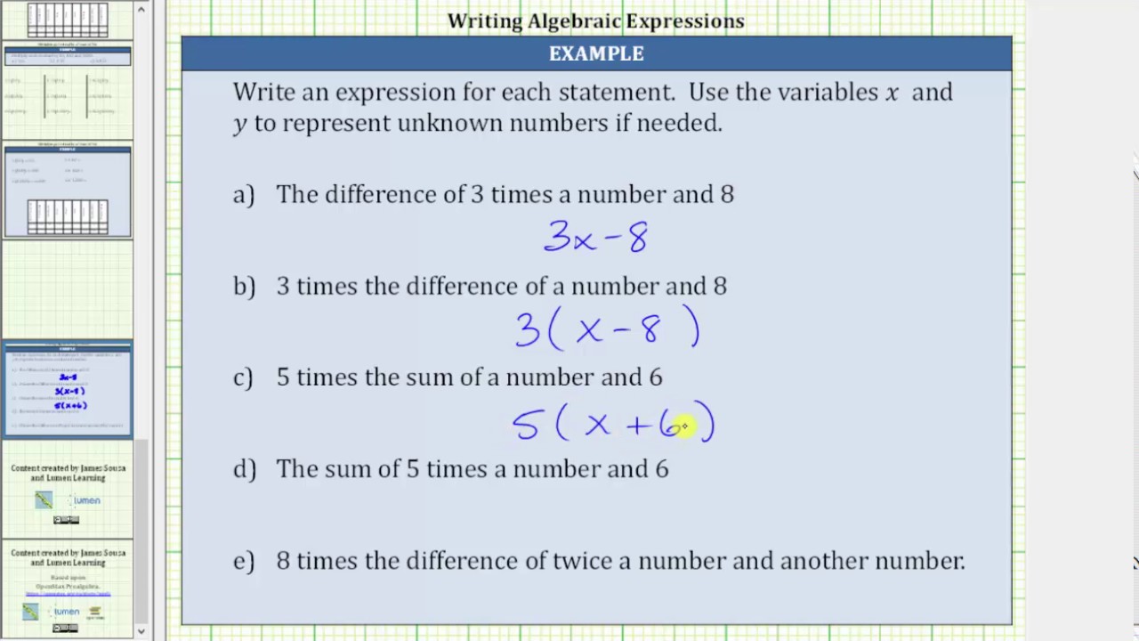 Write Algebraic Expressions from Statements: Form ax+b and a(x+b)