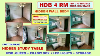 HDB 4 Rm Rm2 Hidden Study Table + HWB-QUEEN + Pillow Box + LED Lights Top Storage. HDB.BTO.HWB HUB.