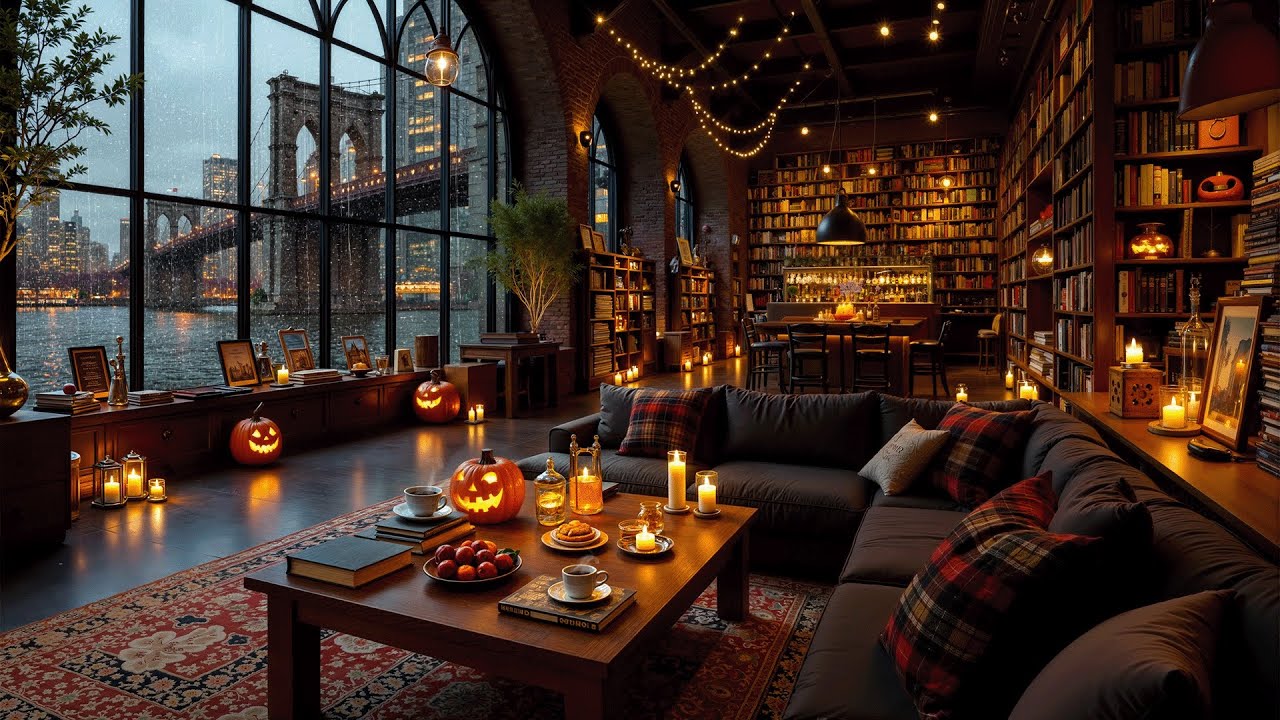 Rainy Fall Ambience in a New York Coffee Shop 🍂 Soothing Jazz & Relaxing Rain Sounds for Calm, Focus