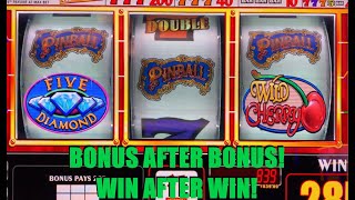 Pinball loves me again! Pinball Bonuses Galore! NEW! Five Diamond + Wild Cherry Slot Play!