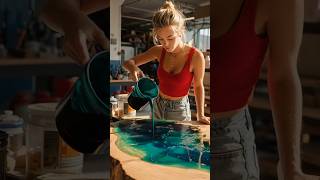 Turning Wood Into an Ocean Countertop 🌊🔥 (Resin Wave Effect!) #resinart #oceanwaves #diy