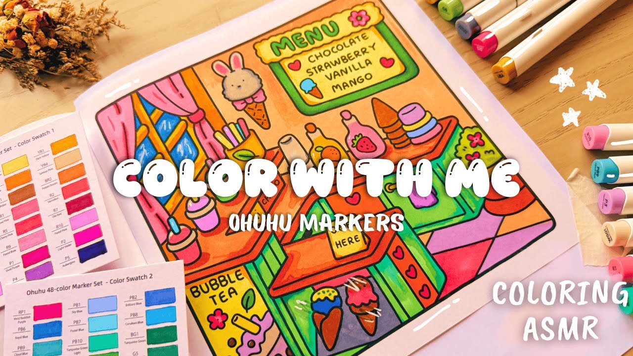 Color with me ASMR 🍓🧋 Little Corner | Coco Wyo | Ohuhu Markers