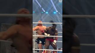 Oba Femi squashing Brock Lesnar round the turnbuckle #wwe